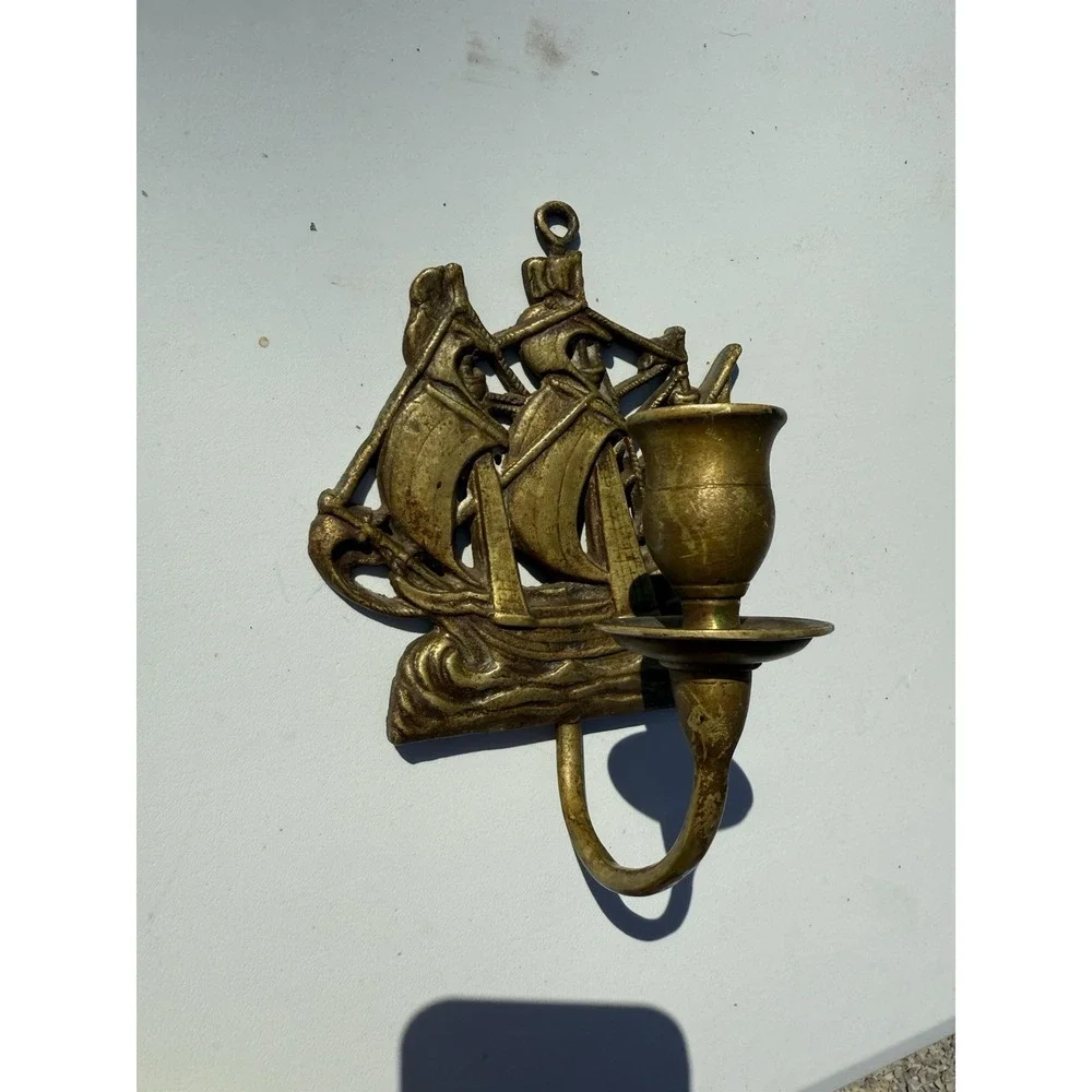 Vintage Brass Hanging Ship‎ Plaque Candle Holder Nautical